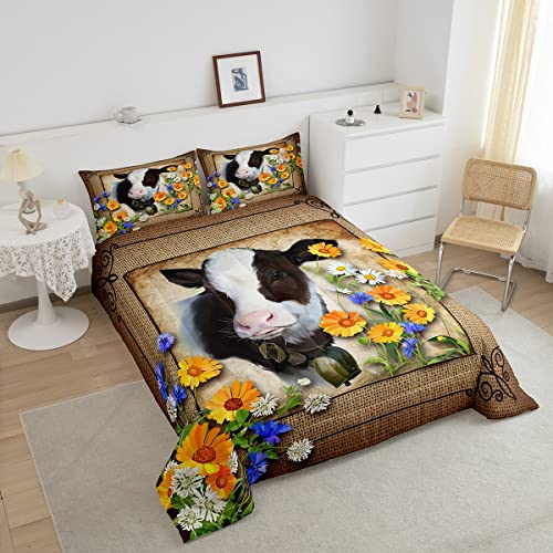 Manfei Cow Print Comforter Set Queen Size Rustic Livestock Retro Sunflower Daisy Bedding Set For Girls Teens Bedroom Decor Farmhouse Style Soft Chic Quilted Duvet With 2 Pillowcases #TOP2
