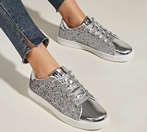 Image of LUCKY STEP Glitter Shoes Sparkly Bling Shiny Bedazzled Lace up Fashion Sneakers for Women