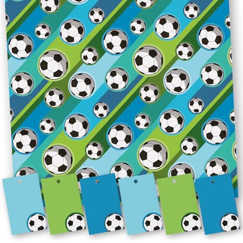 Gift Wrap Football Design. 5 XL Sheets (50 x 70cm). Wrapping Paper with matching Tags. Cutting grid on reverse. Suitable for Birthday Party etc. Made in UK.