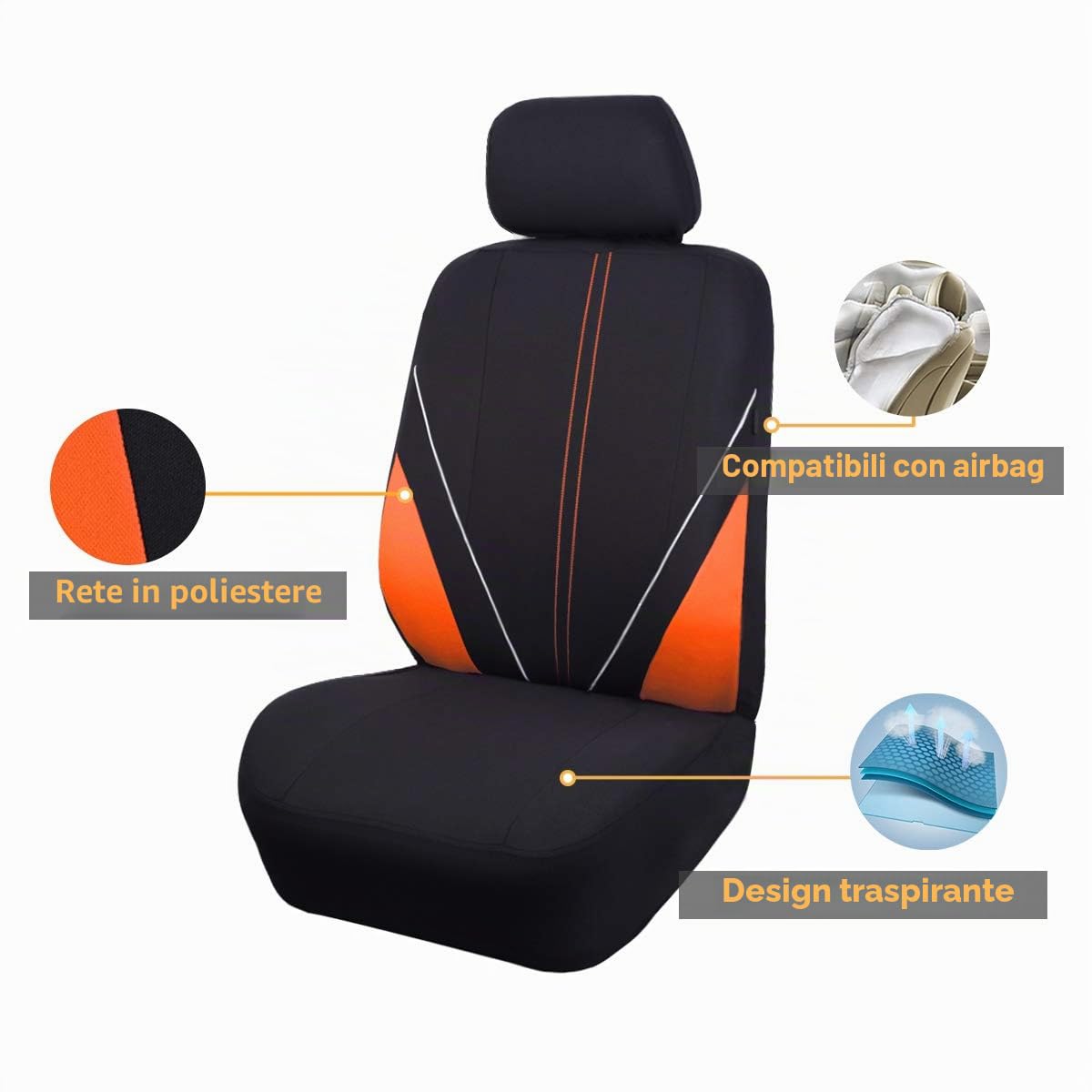 Flying Banner Set completo di coprisedili universali per auto, in tessuto a rete traspirante, compatibili con airbag (nero e arancione)