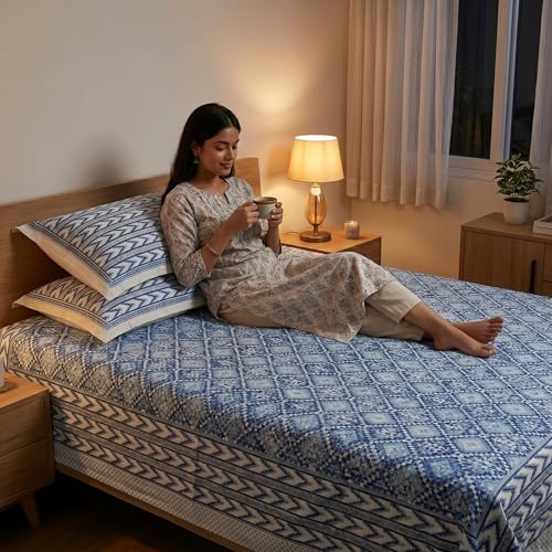 Image of Mafatlal 144 TC Heritage Jaipuri Double Bed Cotton Bedsheet Queen Size 90x108, 100% Pure Cotton Bed Sheet with 2 Pillow Covers, Royal Heritage | Prussian Blue