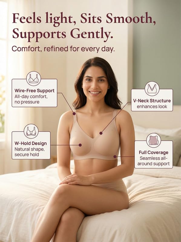 Image of Tweens Cotton Padded Bonded Bra for Women | Full Coverage Wire-Free Bra | Seamless No-Dig Comfort | Breathable Cotton | Elastic-Free Bottom Band & Side Wings | Pack of 1|