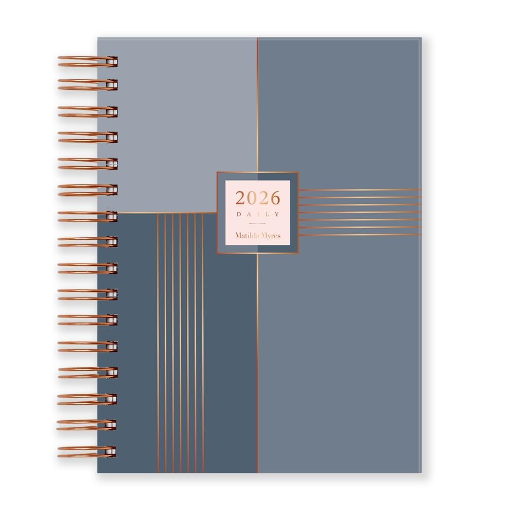 Matilda Myres 2026 A5 Day a Page Diary - January to December - Hardback Covers - Rose Gold Wiro Binding - Year Planners - Lies Flat While Writing - Grey