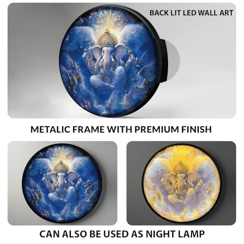 Image of PAINTINGMANTRA Shree Ganesh Ji Night Wall Lamp Painting with Premium Aluminium Metal Frame, Religious Round Wall Painting with Warm White Night Lamp for Home & Office Wall Decor 18x18 Inches