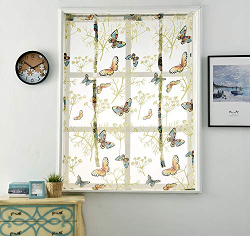 Smithoom 1 Panel Roman Curtain Rod Pocket Tie Up Ajustable for Small Window Decoration Transparent Flowers Printing Sheer Balloon Curtains for Kitchen Bathroom Balcony Yellow 100x120cm