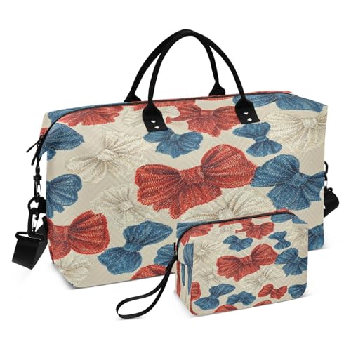 ​​Large Foldable Travel Duffel Bag, Waterproof Gym Bag for Men & Women, Carry-On Luggage Weekender Overnight Bag, Retro Bows Red Blue