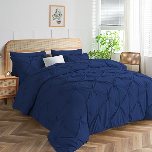 Sophia & William Juego de edredón tamaño individual, juego de ropa de cama plisado de 6 piezas, edredón para todas las estaciones, color azul marino