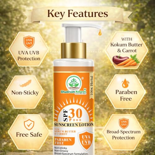 Image of Khadi SPF 30 Sunscreen Lotion with Kokum Butter & Carrot | Broad Spectrum UVA & UVB Protection | Herbal Sunblock for Face & Body | Non-Greasy & Moisturizing Formula - 100ML