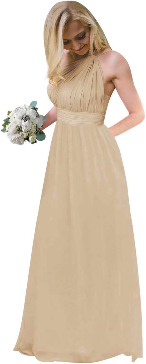 Women's One Shoulder Pleated Open Back Chiffon Long Wedding Guests Bridesmaid Dress with Belt