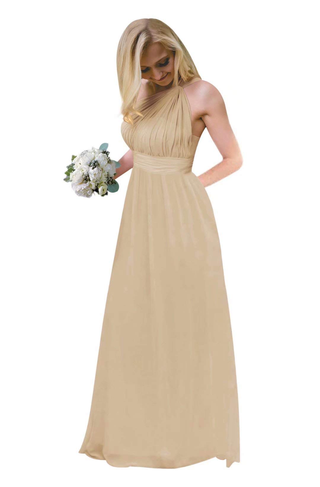 Women's One Shoulder Pleated Open Back Chiffon Long Wedding Guests Bridesmaid Dress with Belt