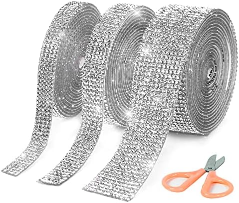 3pcs Rhinestone Ribbon Roll 2mm Stone Self Adhesive Rhinestone Strips in 3 Different Sizes Nonwashable Silver Diamond Rhinestone Ribbon Bonus Small Scissors Box Perfect for Arts Crafts by Crafiny
