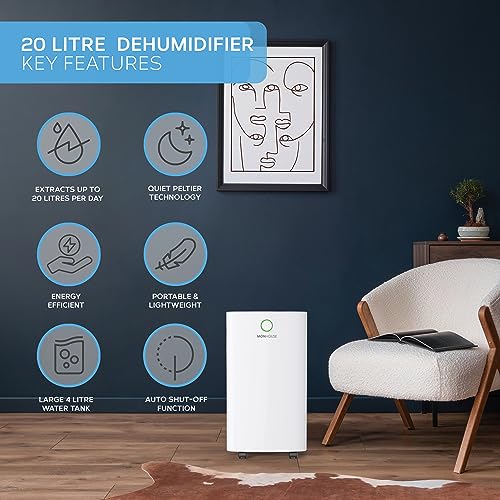 Monhouse 20L/Day Digital Dehumidifier - Large 4L Tank - Sleep Mode, 24 Hr Timer For Office Or Home, Bedroom, Basement, Garage & Kitchen - Portable Electric Mould, Damp, Condensation Remover - 2