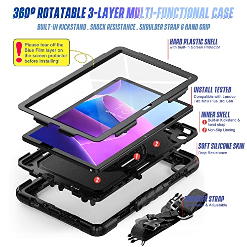 Herize Case For Lenovo Tab M10 Plus 3Rd Gen 10.6 Inch 2022 | Tb125Fu/Tb128Fu/Tb128Xu Case With Screen Protector Pen Holder | 3 Layer Shockproof Rugged Durable Rubber Protective Case W/ Shoulder Strap #TOP5