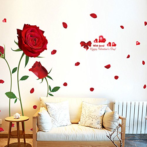 BIBITIME Happy Valentines Day Wall Decals Romantic Rose Flower Sticker Red Bowknot Hearts "with Love" Sayings Quotes TV Background Vinyl Decor Decoration
