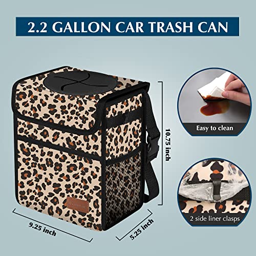 Image of Car Trash Can with Lid Leak Proof Garbage Waterproof Bag for SUV Front Seat Multipurpose Hanging Headrest Collapsible and Portable Storage Mesh Pocket, Leopard Print