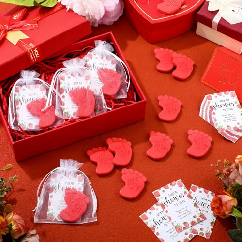 Image of 50 Sets Baby Shower Soap Favors for Guests - Mini Handmade Footprint Scented Soap with Thank You Cards and Organza Bag, Party Gifts for Gender Reveal Baptism(Strawberry,Red)