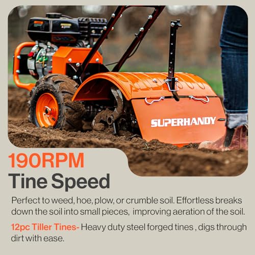 Image of SuperHandy Tiller Cultivator - 7HP 209cc Engine, Adjustable Tilling Width & Depth, Heavy-Duty Steel Tines for Garden Soil Prep, Landscaping & Weed Removal (Rear Tine Tiller)
