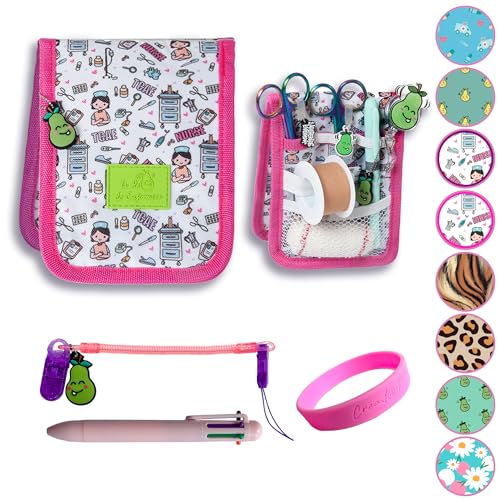 La Repera de Enfermera® Salvabolsillos Enfermeria + Porta Tijeras Enfermeria + Boligrafo 6 Colores + Pulsera | Organizador de bolsos | Accesorios Enfermera TCAE Veterinaria (WHITE/PINK NURESES)
