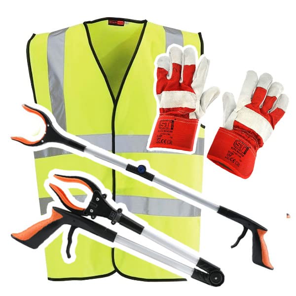 Derby Hi-Vis Litter Picking Equipment Set Kit Combo Bundle - Picker, Vest & Rigger Gloves Multiple Length Grabbers (Claw / 2XL vest)