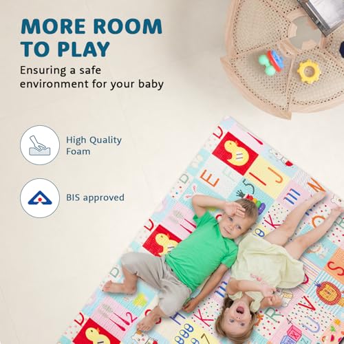 Image of Amazon Brand - Supples Reversible Baby Playmat | Certified BIS-Approved Foldable Foam Mat for Learning & Crawling | 0.6 cm Thick | 2+ Months Baby | Alphabetical Design | 6.5 x 4.5 ft Multicolour