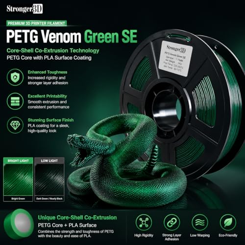 Image of PETG Filament 1.75mm, Venom Green SE, Dark Green Black Shadow 3D Printer Filament, Co-Extruded Core-Shell PETG with PLA Coating, Strong Glossy Filament for Dragons and Reptile Models,1kg