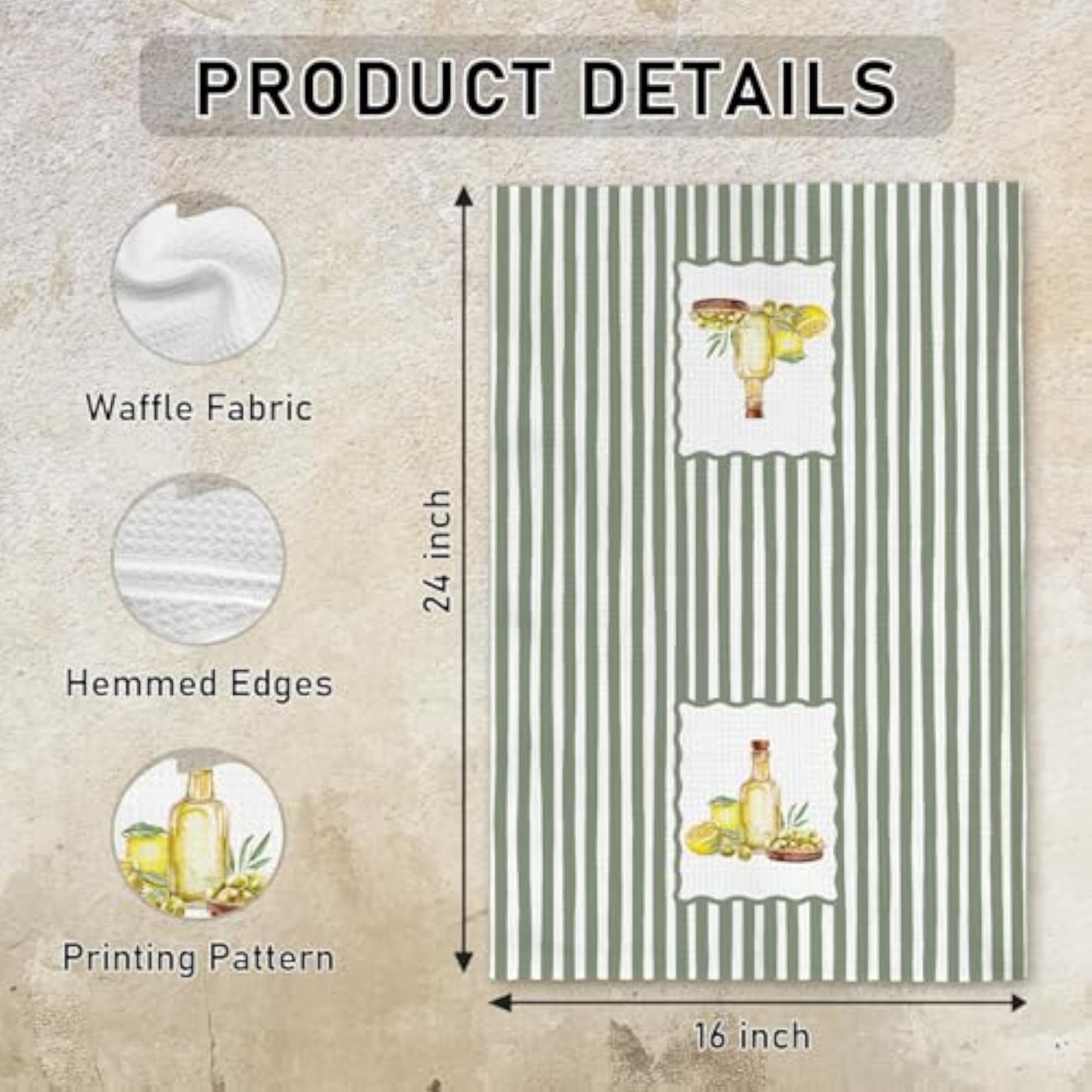 Farmhouse Lemon Olive Kitchen Towels, Rustic Sage Green Stripes