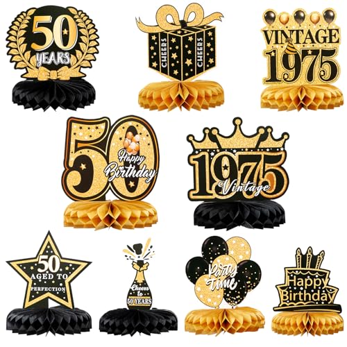 Halinuia 9 Piezas 50 Cumpleaños Mesa Panal Centros, Decoración Mesa Cumpleaños Adornos de Vumpleaños Negros y Dorados 50 Cumpleaños Decoración Mesa Decoración de Fiesta de 50 Años