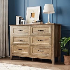 LINSY HOME 6 Drawers Dresser for Bedroom Wood Bedroom Dresser Farmhouse Drawer Chest Wide Dresser for Closet Dressers Organizer for Living Room Closet Hallway