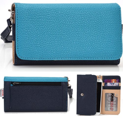 EXXIST Classic Metro Series.. Women's vegan patent leather Clutch for Motorola DROID ULTRA MAXX XT1080M Motorola Obake (Color: Baby Blue / Navy Blue) -ESMLMTBB
