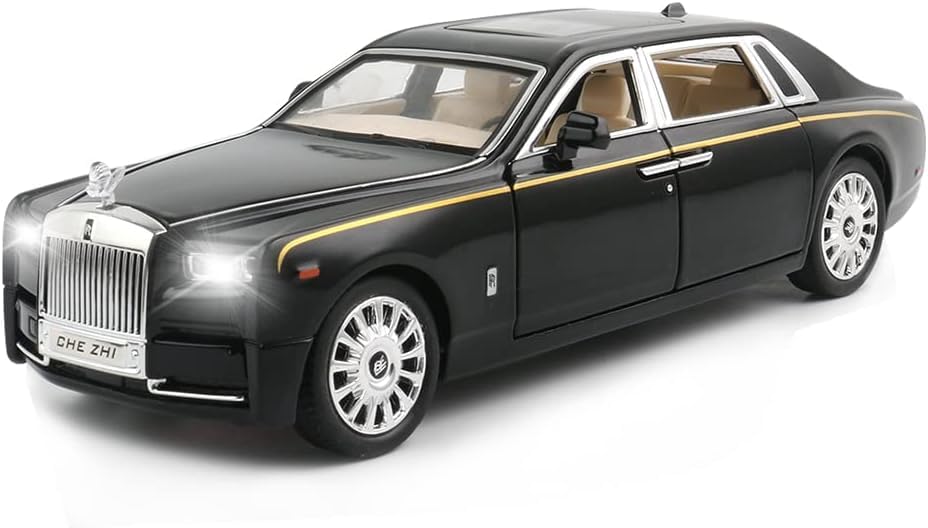 Image of DEOXY 1:24 Scale Diecast Alloy Pullback Rolls Royce Phantom Metal Car Toy With 6 Openable Doors, Lights, And Sounds For Kids,Black