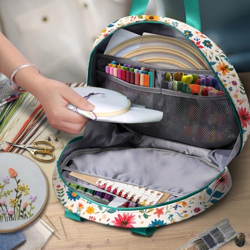 Image of FINPAC Embroidery Project Bag, Embroidery Supplies Storage Carrying Tote Case with Multiple Pockets for Floss, Hoops, Thread, Stitch Tools Kit [Bag Only], Apricot Bloom