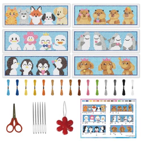 Image of INFUNLY 6PCS Horizontal Animals Cross Stitch Bookmarks Kits 3x8.5inch Brave Penguin Stamped Embroidery Bookmark Set Pets Cats Dogs Needlepoint Bookmark Kit with Instruction for Book Lovers Writer