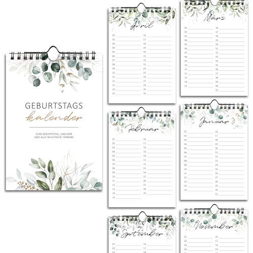 BIROYAL 12 Monate Geburtstagskalender jahresunabhängig für Frauen | 14×21cm Geburtstagskalender immerwährend | Dauerkalender ohne Jahr | Geburtstagen Wandkalender Eukalyptus | Geburtstagsgeschenk