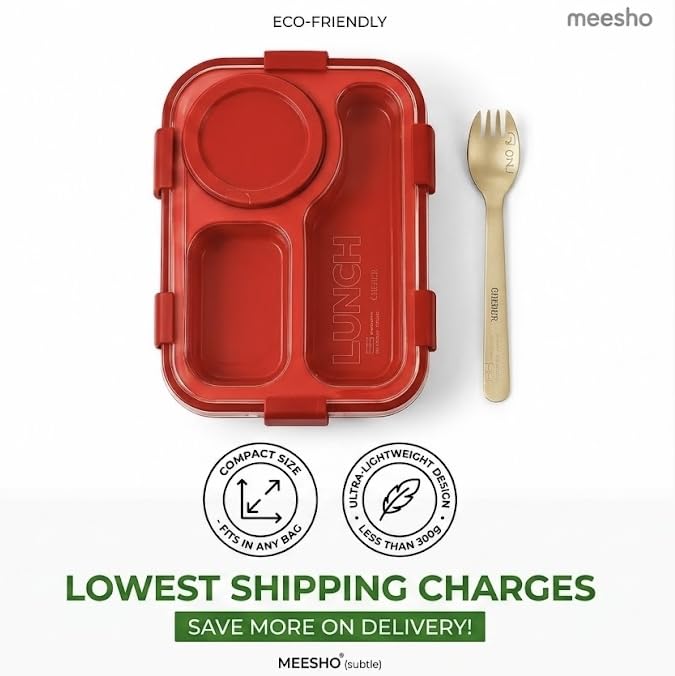 Image of Lunch Box with Compartments and Spork, Red