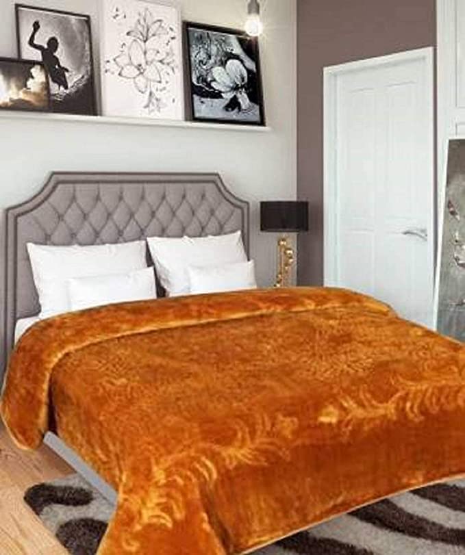 Ultra Soft Microfiber Luxurious Embossed Very Warm Korean Mink Single Bed Blanket for Winter (Golden, Single Bed)