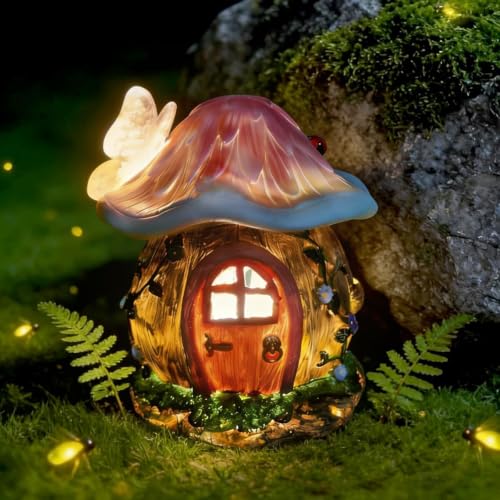 WJRGXFCNB Mushroom Fairy Garden House Statue Outdoor Figurine with Solar Light Garden Fairy House Decor Fairy Cottage Ornaments for Patio Yard Balcony Decoration Gifts for Mom & Women