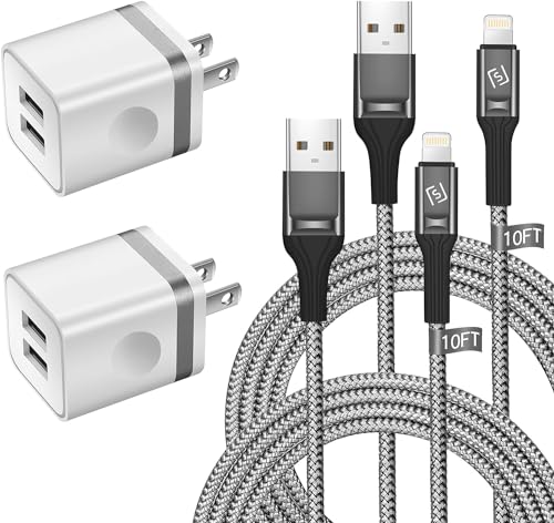 Image of for iPhone Charger Cable 10 FT with Wall Plug, Braided Long iPhone Charging Cord + Dual USB Wall Charger Block Adapter Compatible with iPhone 12/11/11 Pro Max/XS/XR/X/8/7/6 Plus, iPad (4-Pack)