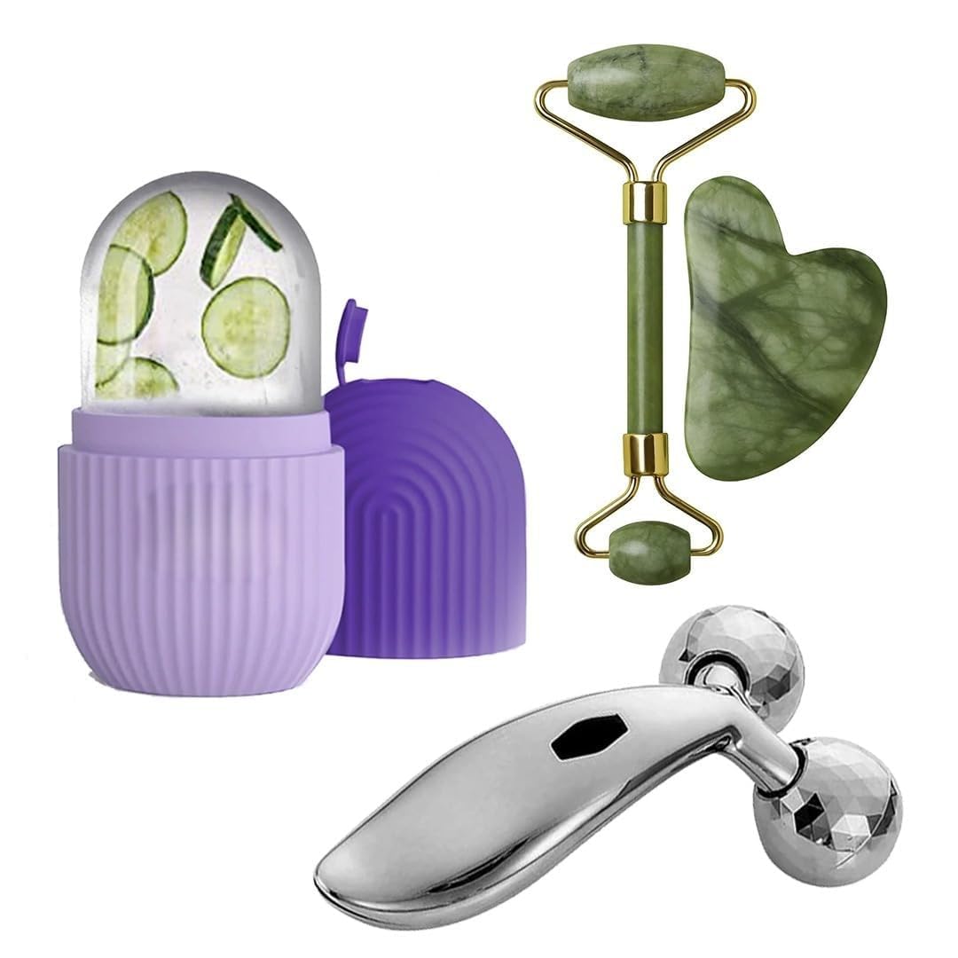Massage Set Ice Roller Jade Gua Sha 3D Roller Face Massager Jawline Sculpting Tool Anti Ageing Skin Tightening Beauty Kit Face Roller for Glowing Skin Recycled Paper Rolls/Case (Ice Roller+Jade Gua Sha+3D Roller Face Massager)-image-12