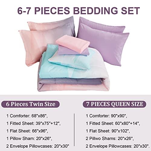 Image of Dinjoy Reversible Girls Comforter Set Full Size Colorful Ombre Blue Pink Purple Rainbow Bedding Set 7 Pieces Bed in A Bag for Kids Teen Girls Women(1 Comforter, 1 Flat Sheet, 1 Fitted Sheet)