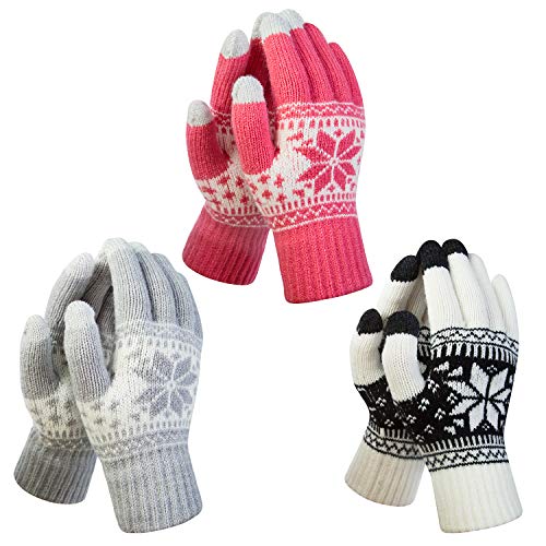YSense 3 Pairs Touch Screen Gloves Snow Flower, Warm Knit Winter Gloves Christmas Gifts Stocking Stuffers for Women