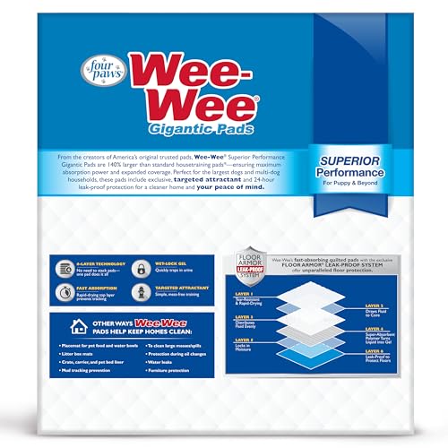 Image of Four Paws Wee-Wee Superior Performance Gigantic Dog Pee Pads, 100 Count | Puppy & dog potty training pads, all day floor protection, housebreaking pet supplies, leak-proof puppy pads, 27.5 inch x 44 inch