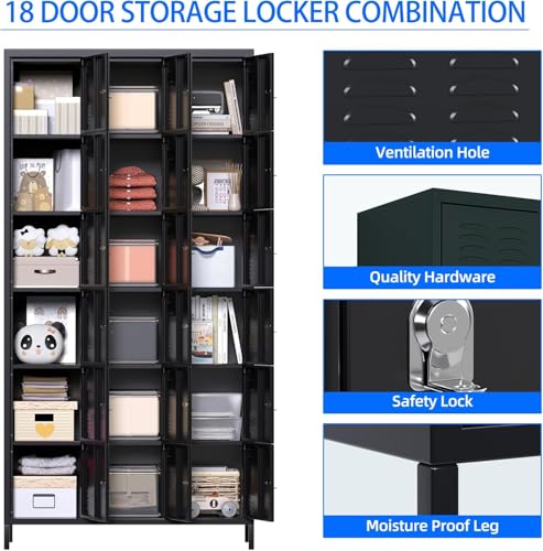 Image of SUXXAN 18 Doors Metal Lockers for Employees for Offices School Gyms Home,Assembly Required(Black) | 18-door black metal employee locker with name card slots, ventilation, raised legs, and required assembly.