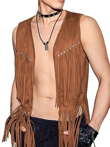 Image of Verdusa Men's Sleeveless V Neck Studded Detail Fringe Trim Open Front Vest Jacket