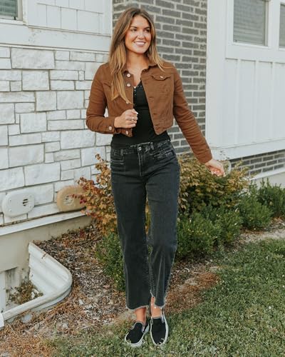 Luvamia LV-LOW-788266V-AG-L Womens Fashion Long Sleeve Button Down Stretchy Denim Jean Jacket Jacket For Women Brown Jacket Women Womens Western Wear Brown Size Large Fits Size 12 / Size 14 thumb #4