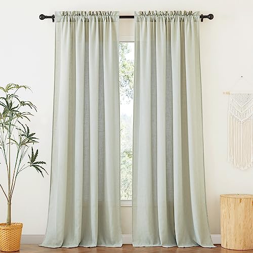 Image of RYB HOME Sage Green Linen Sheer Curtains 84 inches Long, Linen Blend Semi Sheer Light Filtering Privacy Protected Curtain Panels for Living Room, 52 x 84 inch, Rod Pocket, 2 Panels Set