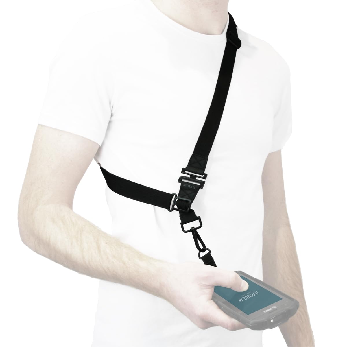 MOBILIS Tracolla Universale con Gancio in Tessuto, 1 Punto di Aggancio, Sistema di Sgancio di Sicurezza, Imbottitura per la Spalla Rimovibile, compatibile con Computer Palmari/Scanner/Smartphone