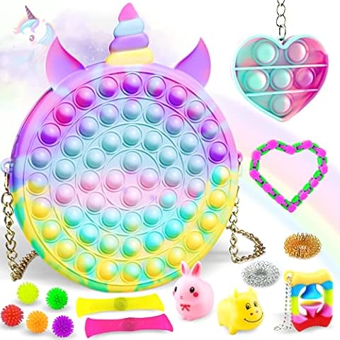 obqo Cute Pop Bag Purse for Girls Women with Fidget Toys Pack - Rainbow Pop Bubble Purse Crossbody Bag for Girls School Supplies Christmas Valentines Birthday Gifts for Kids Girls Cover