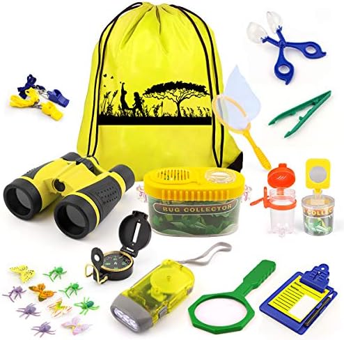 kaqinu Kids Explorer Kit, 24 PCS Outdoor Adventure Camping Kit & Bug Catcher Kit with Drawstring Bag, Binoculars, Compass, Butterfly Net, Educational Nature Exploration Toys Gift for Boys & Girls
