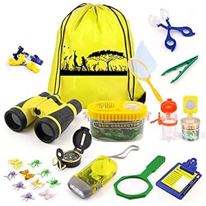 kaqinu Kids Explorer Kit, 24 PCS Outdoor Adventure Camping Kit & Bug Catcher Kit with Drawstring Bag, Binoculars, Compass, Butterfly Net, Educational Nature Exploration Toys Gift for Boys & Girls