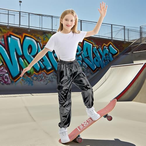 Image of Rolanko Girls Shiny Metallic Cargo Pants, Sparkle Jogger Pants for Girls Hip Hop Dance Streetwear Cargo Trousers 6-15 Years